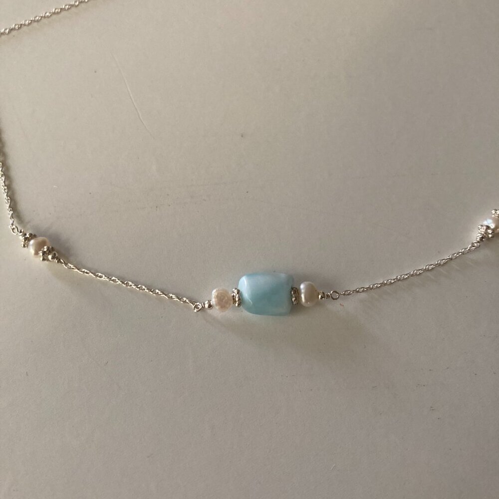 Sterling Silver Larimar and Pearl Choker Necklace - Picture 2 of 5